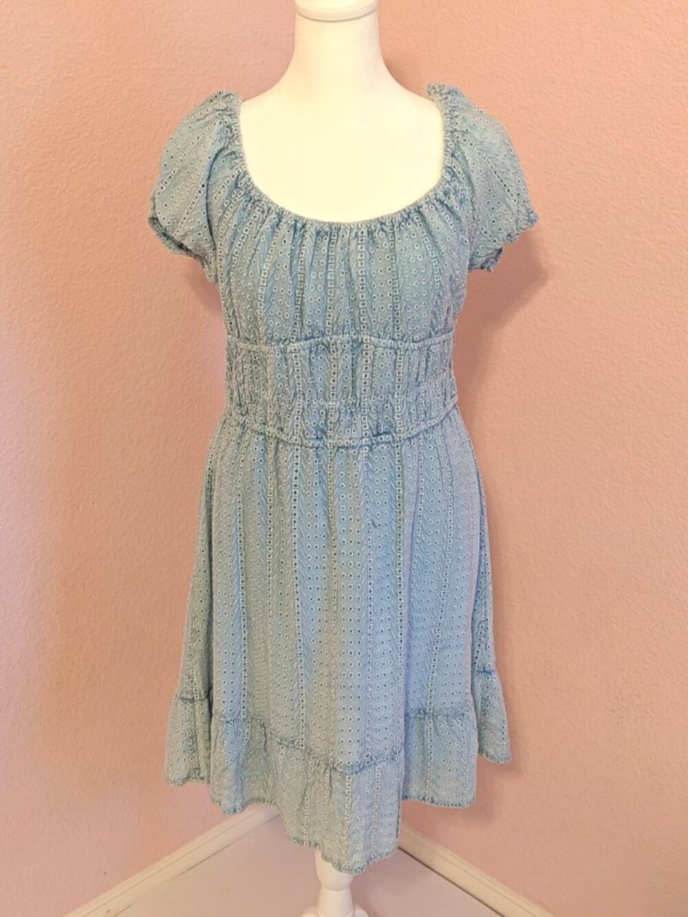 NWT Sim & Sam Blue Eyelet Puff Sleeve Fit Flare Dress XL Lined